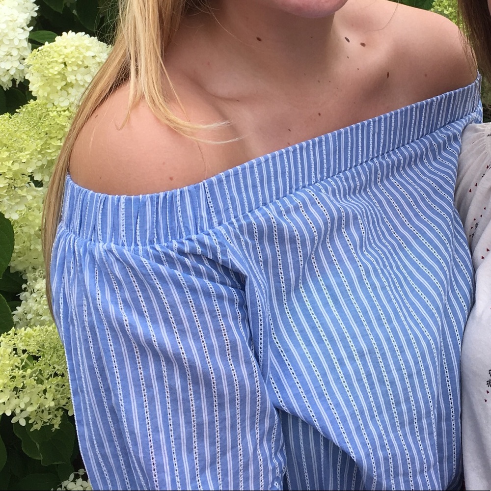 Blue striped off the shoulder shirt